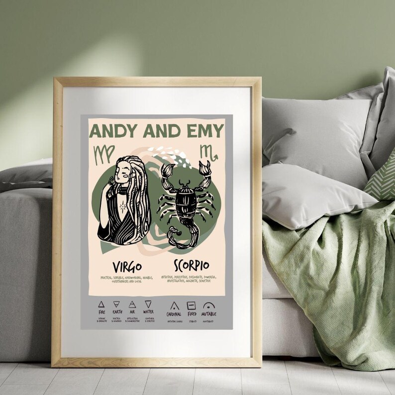 May include: A framed print featuring a Virgo and Scorpio zodiac design. The artwork includes illustrations of a woman and a scorpion, along with the names "Andy and Emy." The print is in a wooden frame and is displayed against a green wall.