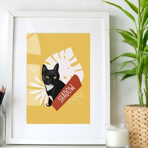 May include: A black and white cat with green eyes sits on a yellow background with a white leaf and the word "SHADOW" in red.