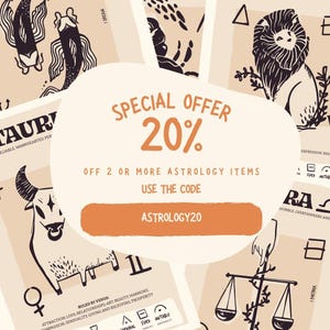 May include: A promotional image featuring astrology-themed illustrations in black and beige. The image includes zodiac signs like Taurus and Leo, with text promoting a 20% discount on astrology items using the code ASTROLOGY20.