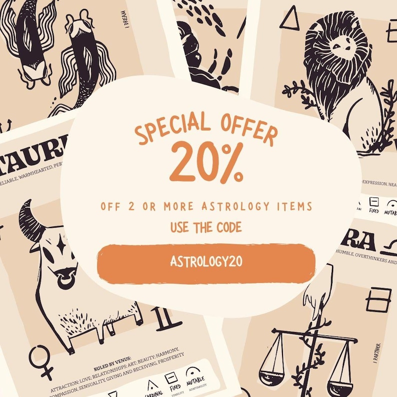 May include: A promotional image featuring astrology-themed illustrations in black and beige. The image includes zodiac signs like Taurus and Leo, with text promoting a 20% discount on astrology items using the code ASTROLOGY20.