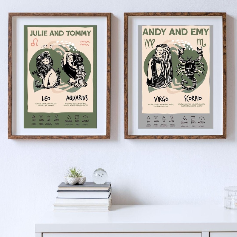May include: Two framed art prints featuring zodiac signs. One print displays a lion and a woman with the text "Leo" and "Aquarius". The other print shows a woman and a scorpion with the text "Virgo" and "Scorpio". Both prints have a green and beige color scheme.