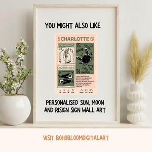 May include: Framed wall art featuring a personalized sun, moon, and rising sign design. The artwork includes zodiac symbols, the name "Charlotte", and the phrases "The Moon", "North Node", and "Nurture". The color palette includes shades of green, peach, and black.