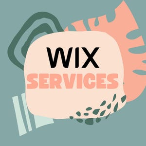 Könnte beinhalten: Abstraktes Grafikdesign mit dem Text "WIX SERVICES" in Schwarz und Pfirsich. Der Text befindet sich auf einer pfirsichfarbenen Form, mit einem tealfarbenen Hintergrund und abstrakten Formen in Teal, Pfirsich und Weiß.
