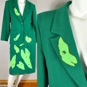 80s Ant Leaf Applique Pendleton Teal Skirt Suit, Size 10 Waist 26, Day-Glo Neon Green, Black Crystal Bead Ants, Hand Stitched