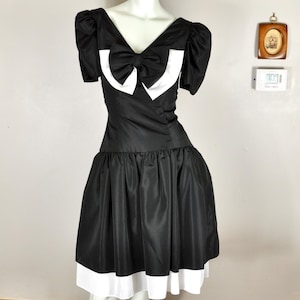 80s Large Bow Dress, Black and White Party Dress, Cocktail Black Tie Formal Elegant