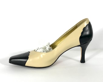 Tacones Escada de los 90, festoneados en negro y crema, talla 6B, fabricados en Italia