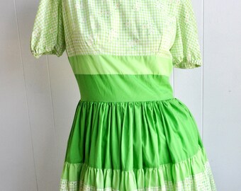 green and white checkered dress