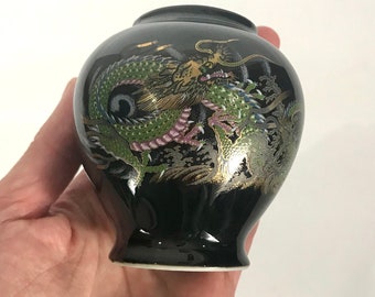 70s Dragon Bud Vase, 3" Black Ceramic Miniature Flower Vase Pen Jar,