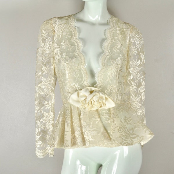 80s Off-white Lace Peplum Blazer w/ Satin Bow and Pearl Beads, Size 6/S/XS, Vintage Bride Wedding