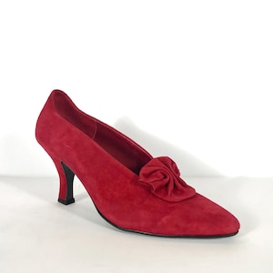 90s Red Leather Suede Bow Heels, Size 7M, NIB, 60s 50s Style, Pinup Glam Fancy Formal