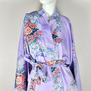 Vintage Floral Kimono, 70s 80s Purple Floral Fan Design Japanese Kimono, Size S/M/L, Ankle Length, Women&#39;s Kimono