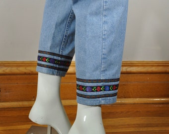 90s Vintage Riders Denim Pants: Light Wash Embroidered Cuffs, Waist 32
