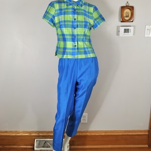 90s Blue Plaid 2-Piece Women&#39;s Pantsuit, Sag Harbor, Size 6 Petite, Prep, Tartan, Hippie, Club Kid Rave Punk 70s 60s  Punk Math Nerd Green