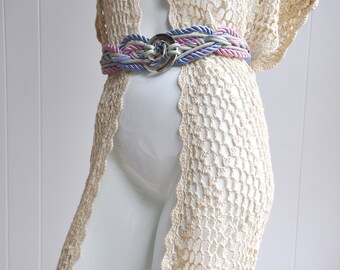 Natural Cotton Crochet Long Cardigan Vest Top w/ Fringe Hem, Size S, Festival/Boho/Hippy/Burning Man/Comfortable/Casual/Meditation/Gypsy