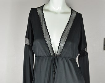 70s Vintage Black Robe: Sheer Scalloped Lapel, Artemis Goddard Size M