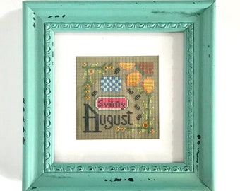 90s "August" Month Summer-themed Cross Stitch Completed Art, Framed, Watermelon Sunflowers, 8 x 8