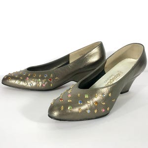 80s Gold Leather Rainbow Jeweled Kitten Wedge Pumps, Size 6.5W, Magdesian&#39;s, Glam Disco Retro Vintage Shoes Heels