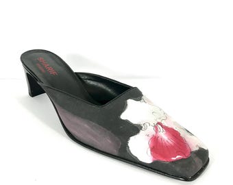 Hand-Painted Floral Heels: 90s Designer Pumps, Size 8.5M