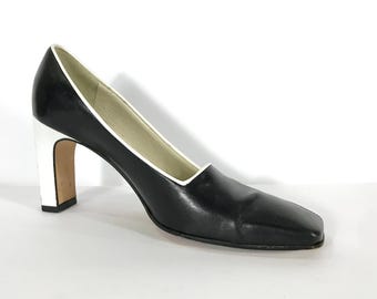 90s Black and White Leather Chunky Heels, Size 7.5N, Classiques Entier, Made in Italy