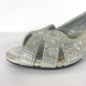Y2K Silver Rhinestone Heels, Size 6B, Futuristic Wedding Prom Formal Pinup Bling Diamond Heels