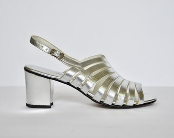 vintage metallic silver sandals with beads and pearls slingback size 7 12 or 8 open toe sandals Philippines