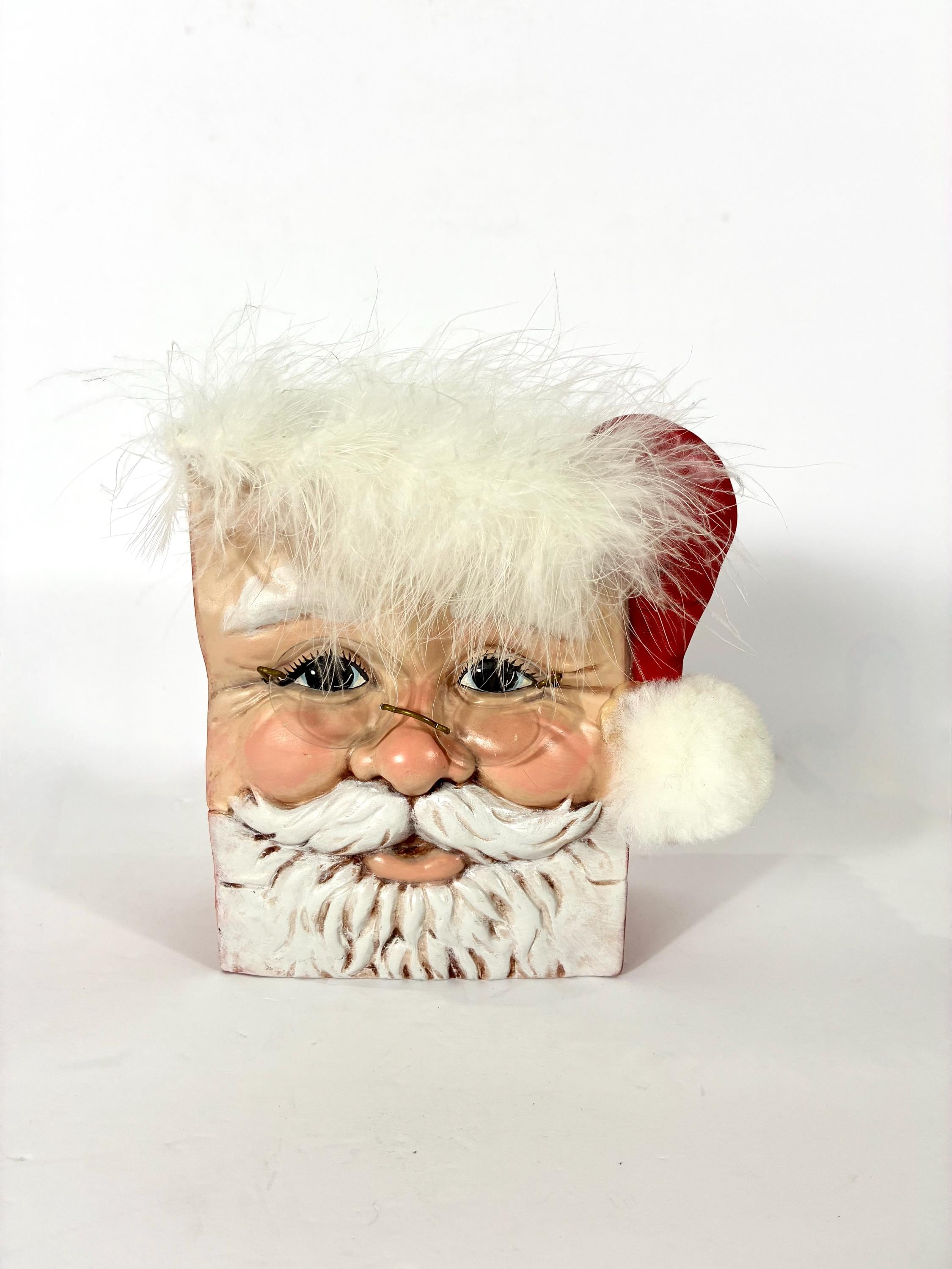 90s Ceramic Santa Claus W/ Glasses Hand-painted Basket, Signed
