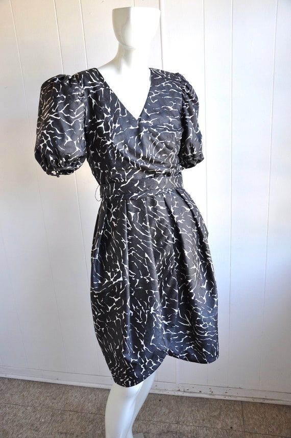 80s 60s Neiman Marcus Black White Party Dress W Balloon Skirt