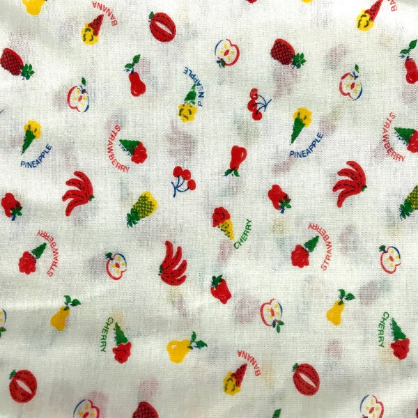 80s Fruit Print Jersey Knit Garment Fabric, Soft Thin Vintage T-shirt Fabric, Cherry Apple Strawberry Banana Pineapple RARE