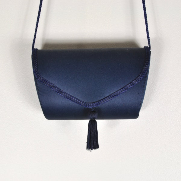 80s Navy Blue Satin Tassel Box Purse, Lord & Taylor, Formal Evening Occasion Accessory