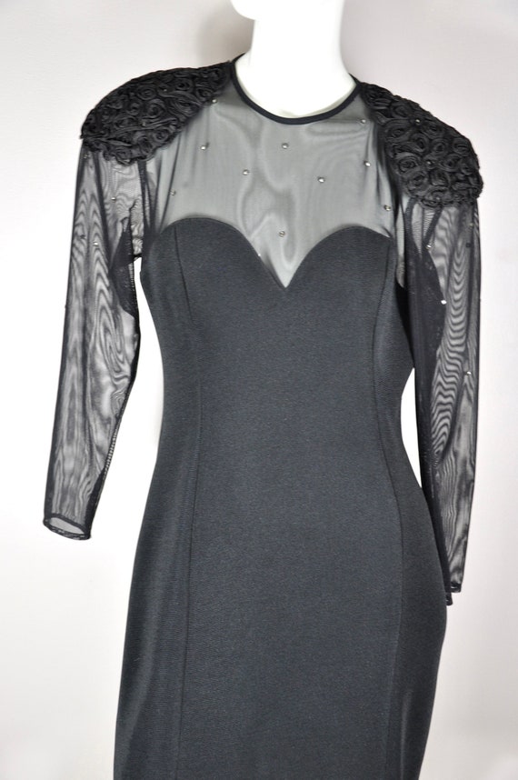 80s 90s Black Mesh Rhinestone Dress, Size 10, HW C