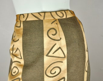 90s Handmade Abstract Pencil Skirt: Gold Bronze Swirl, Waist 30
