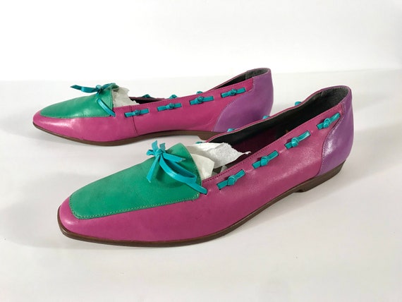 80s Color Block Multicolor Leather Shoes, Size 8.… - image 1