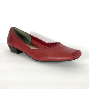 Y2K ANA Red Leather Ballerina Shoes, Slip-on Flats w/ Stitch Details, Size 7.5M