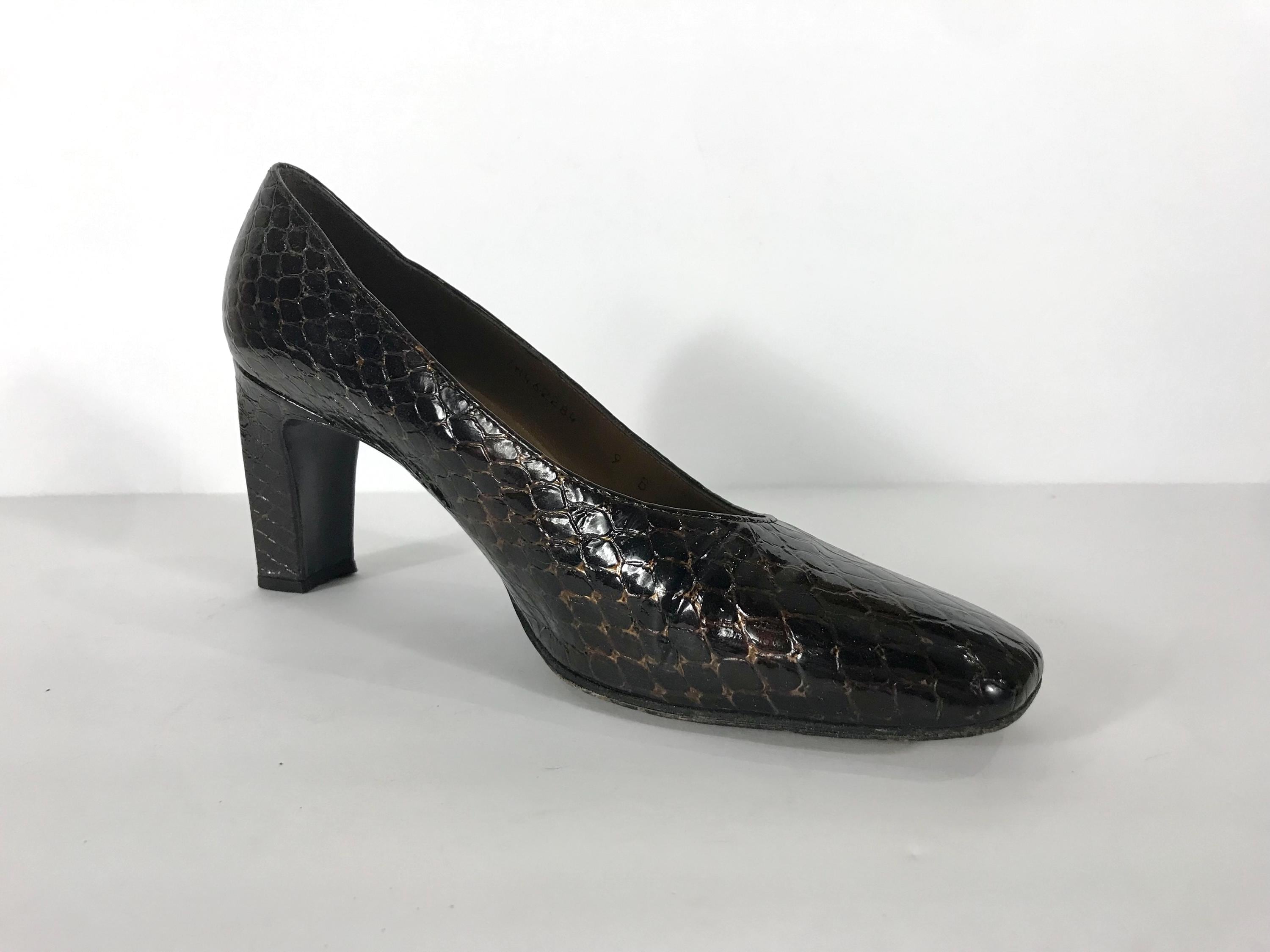 Y2K Stuart Weitzman Brown Patent Leather Crocodile Heels