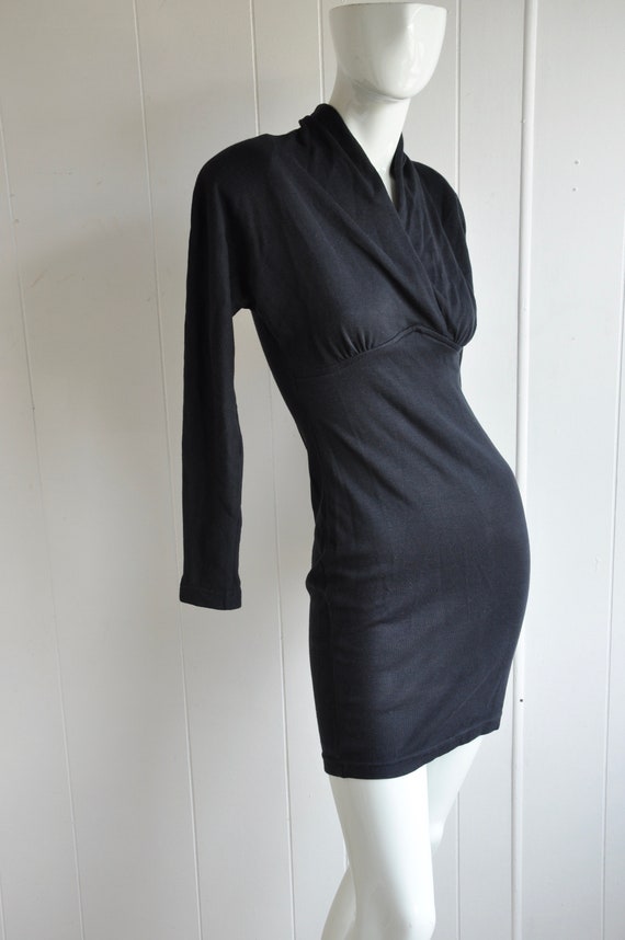 80s Black Cotton Mini Dress w/ Shoulder Pads, In … - image 2