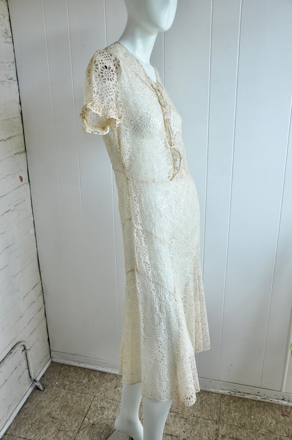 30s 40s Eyelet Cotton Flapper Wedding Dress w/ Mi… - image 3