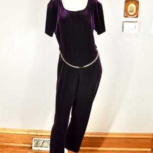 90s Purple Velour Jumpsuit w/ Waist Chain, Panache Size 12, Glam Disco Hippy Boho Woodstock Club Kid Punk Rave