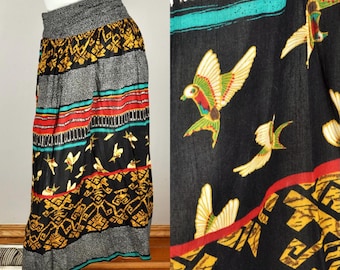 90s Birds Tribal Skirt, Rayon, Size XXL Plus Waist 44-45, New Age Hippie Woodstock