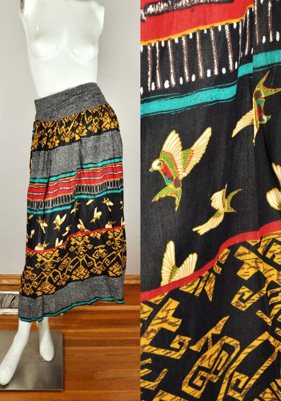 Vintage B&W Tribal Print Skirt High Low Cut