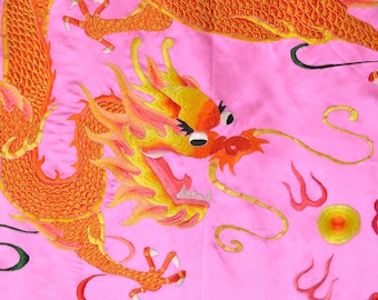 80s Chinese Silk Dragon and Exotic Bird Hand-embroidered Sheet Panel on Pink Satin
