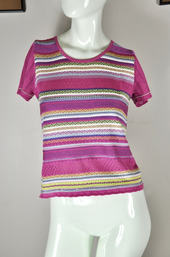 90s Y2K Skater Pink Rainbow Stripe Knit Missoni-s… - image 3