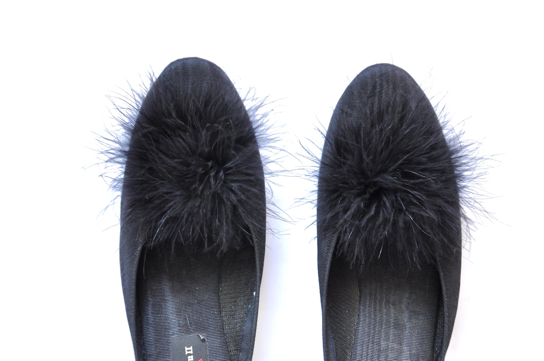 80s 50s Black Marabou Slipper Wedge, Size Bedroom
