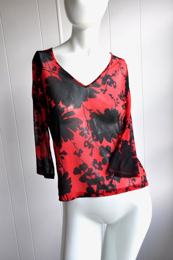 90s Y2K Sheer Mesh Top, Red & Black, Size S/M, Sex
