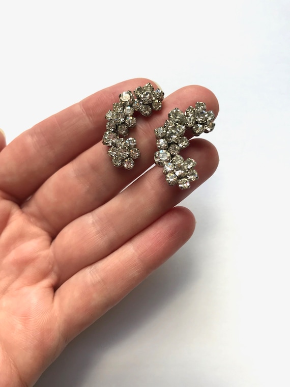 80s Crescent Rhinestone Crystal Screw-back Earrin… - image 1