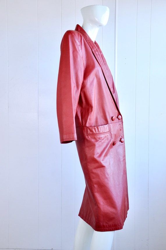 80s Lipstick Red Leather Trench Coat, Size Small,… - image 4