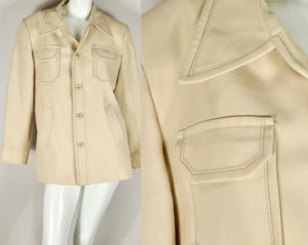 70s Tan Blouse Shirt w/ Blue Stitching, Women's Size M/L