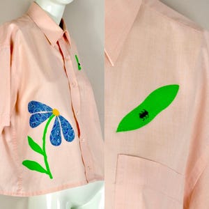Camisa de trabajo corta para hombre con apliques de patchwork floral estilo años 80, cuentas de cristal y diseño de hormigas, talla L/XL para mujer.