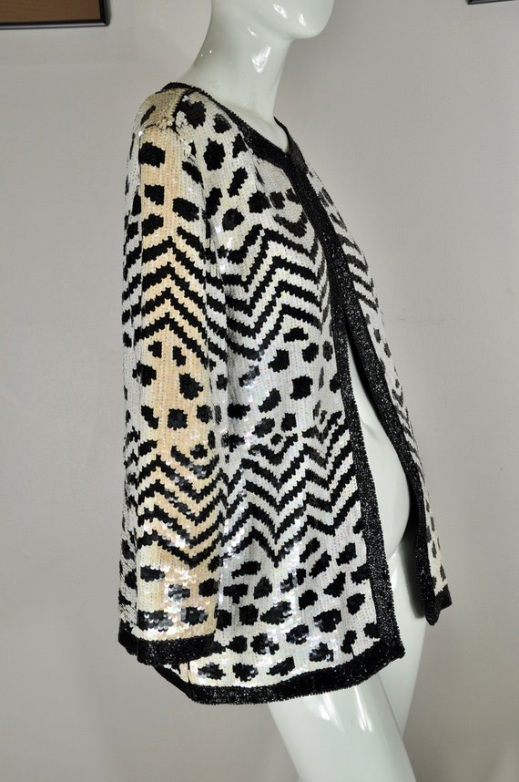 80s Black and White Sequin Jacket, Animal Spots a… - image 4