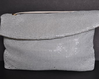 Whiting and Davis 1960s White Metal Mesh Clutch with Leather Strap Handle, Wedding Clutch/Wedding Purse/Bride Purse/Vintage Clutch