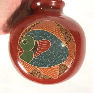 80s Redware Fish Vase, Etched Ceramic Vase Tropical Art Fish Vase MCM Vintage Retro